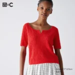 Uniqlo Women's Lace Key Neck Short Sweater, Color: 15 Red