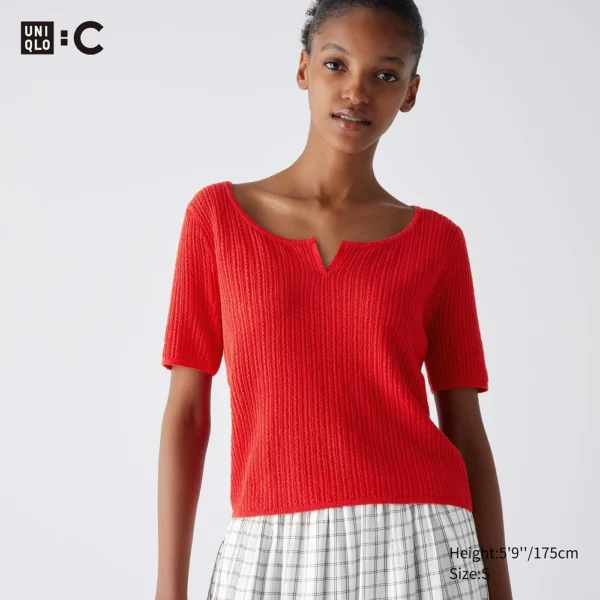 Uniqlo Women's Lace Key Neck Short Sweater, Color: 15 Red