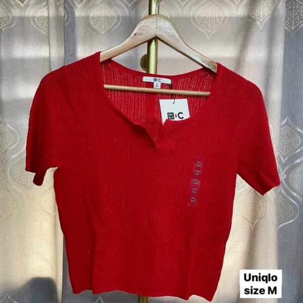 Uniqlo Women's Lace Key Neck Short Sweater, Color: 15 Red