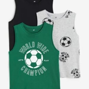 BKK H&M Kdis 3-pack Vest Tops,  Color: Dark Green/ Football, Size: 8-10 Yrs