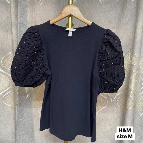 BKK H&M Puff-Sleeved Top, Color: Navy Blue - Clothing-M
