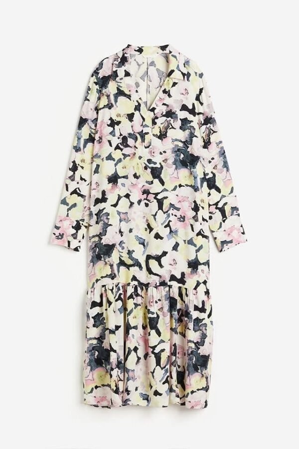 BKK H&M Women Collared dress, Color:Light yellow/Floral, Size: XS