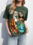 BKK Shein Maija White Cartoon Print Round Neck Short Sleeve T-Shirt, Color: Army Green