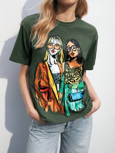 BKK Shein Maija White Cartoon Print Round Neck Short Sleeve T-Shirt, Color: Army Green