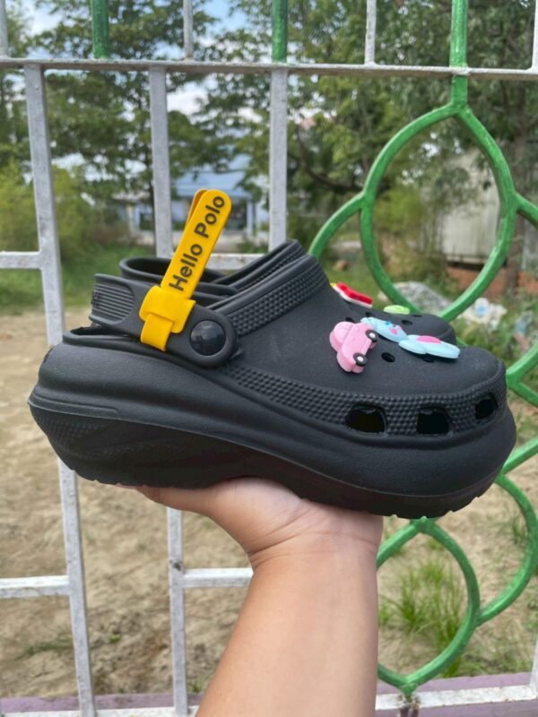 BKK Hello Polo slippers with holes platform slip on soft bottom shoes, Color: Black