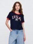 USA Gap Shrunken Graphic Ringer T-Shirt, Color: Navy Uniform
